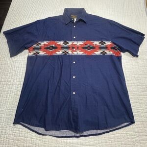 Vintage Rustler by Wrangler Shirt Mens XL Blue‎ Aztec Pearl Snap Western Cowboy